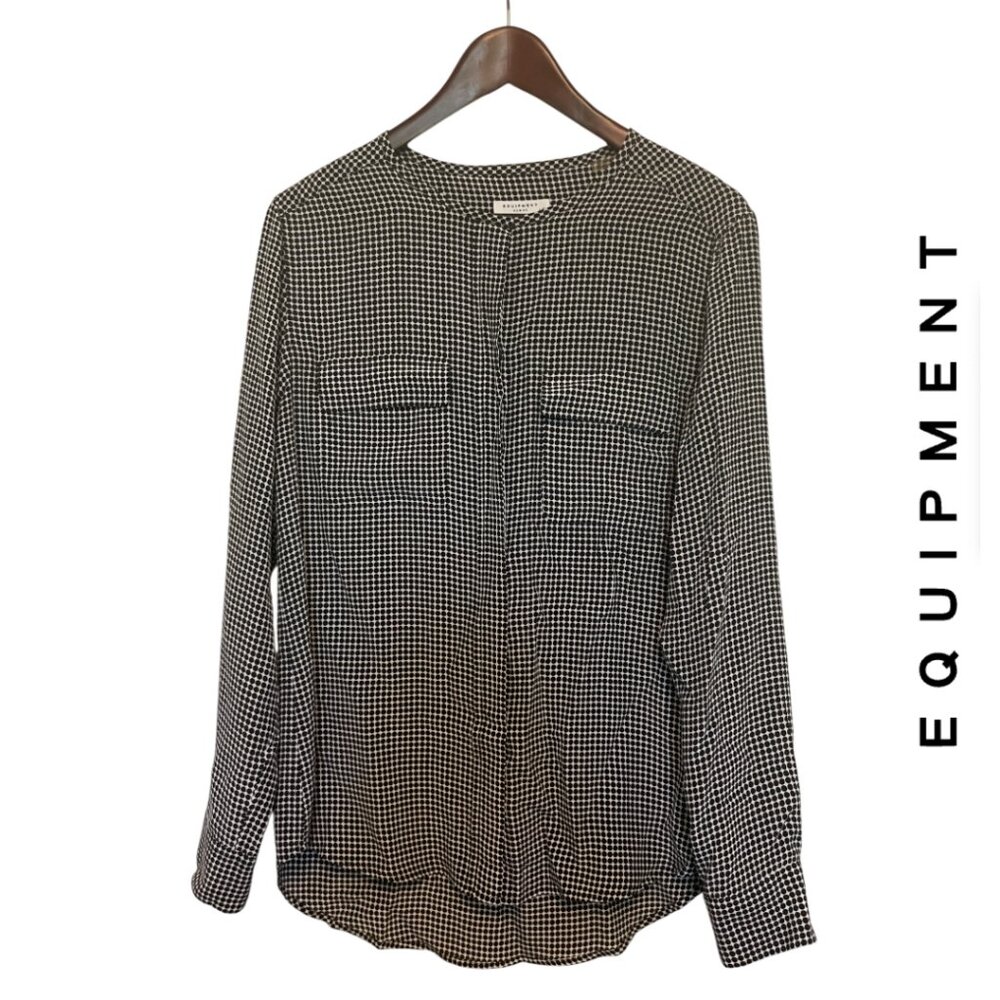 EQUIPMENT | Black and Cream Polka Dot Silk Shirt, Size L